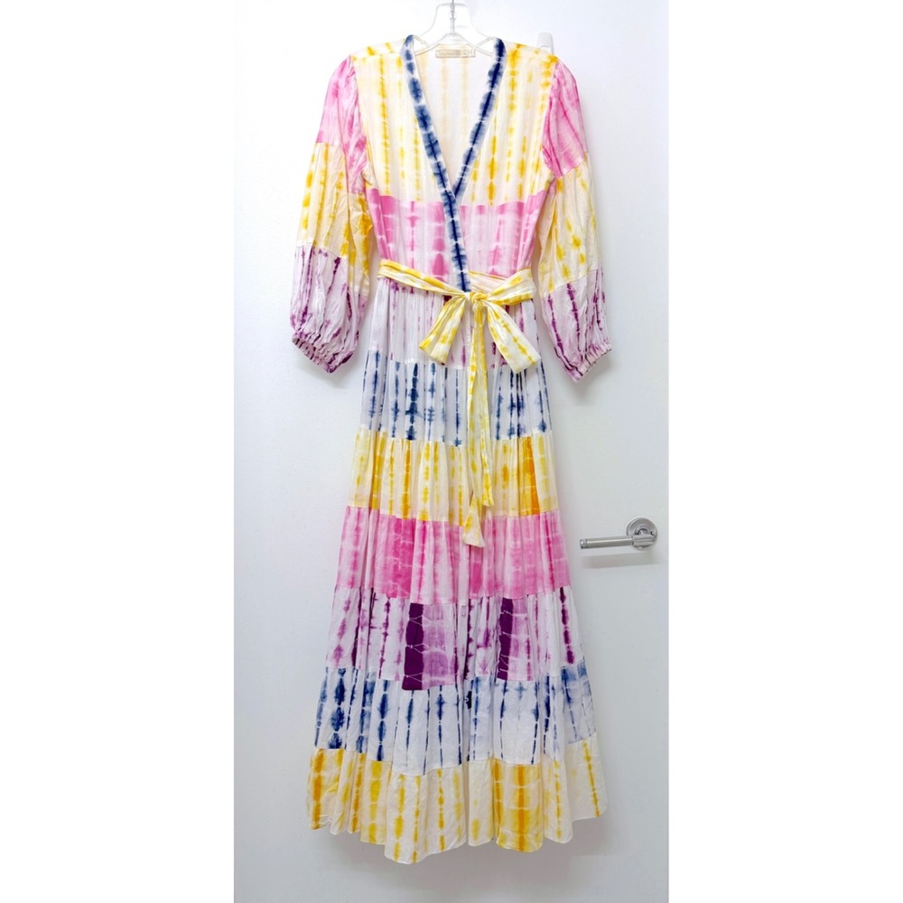 Charina Sarte Holi Tie Dye Stripe Print Maxi Wrap Dress Pink Purple Yellow S